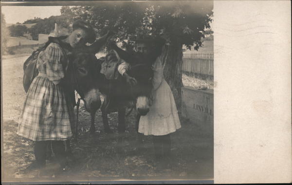 Two girls and their burros, McCrays Preston California