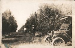 c1914 Men in Orchard, Old Car Postcard