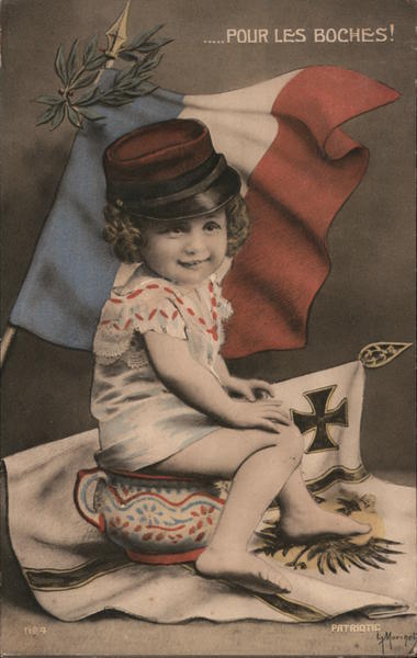 Pour Les Boches! Little girl with french flag. Sitting on toilet pot on German Empire Flag.