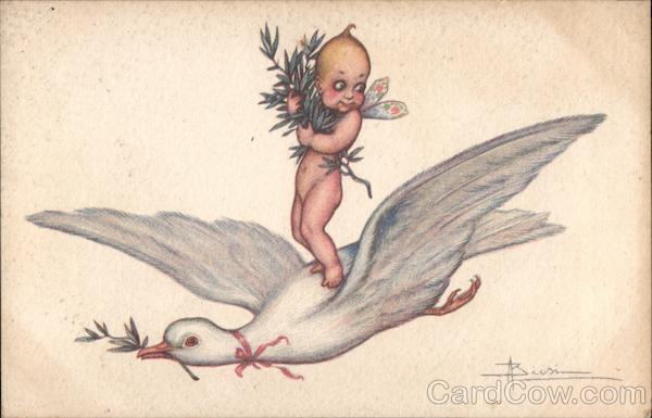 Oceans of Love. Girl fairy standing on back of dove of peace.