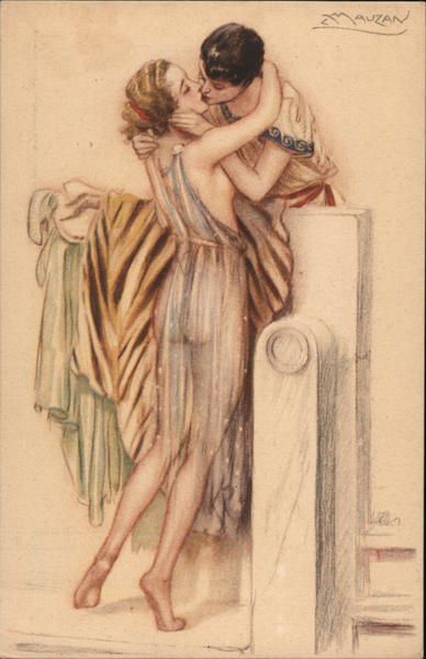 Couple kissing over balcony, man in toga Achille Mauzan