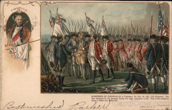 Surrender of Cornwallis. Artist depiction of the surrender with portrait of Cornwallis
