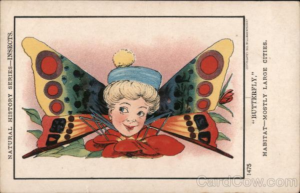 Butterfly 1475 Habitat-mostly large cities. Natural History Series-Insects. Butterfly with Girl head