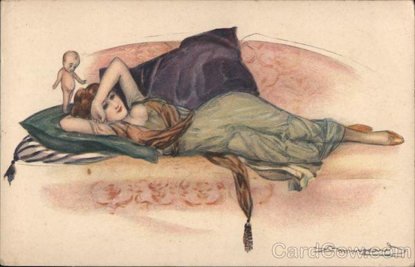 Lady on couch - small baby standing on pillow Artist Signed