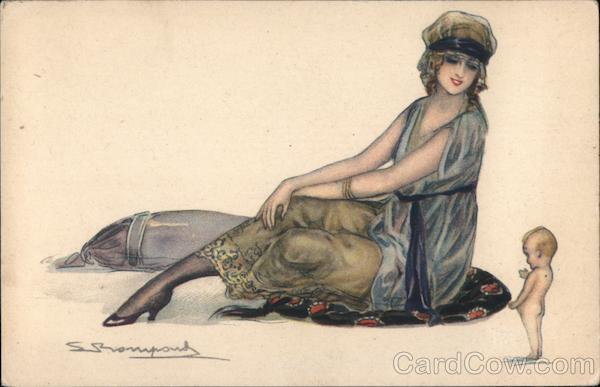 Drawing of Woman showing ankle to small baby doll or cupid