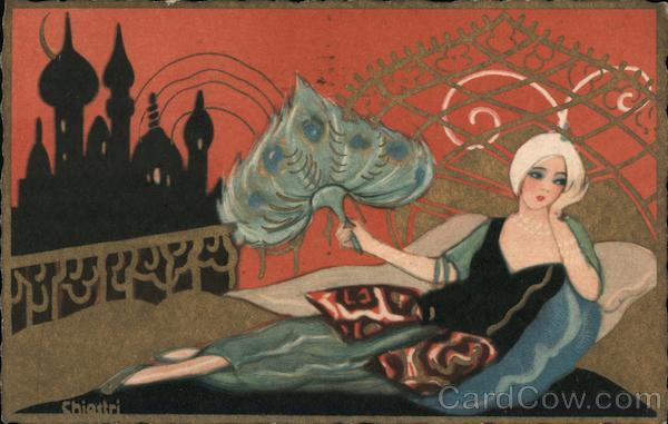 Woman Reclining With Fan Art Nouveau Chiastri Artist Signed