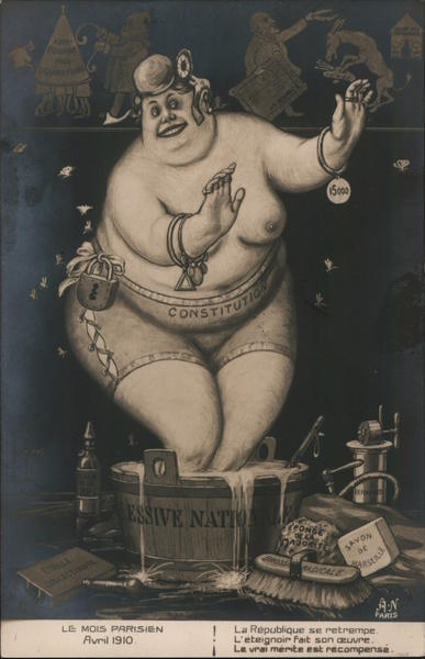 Le Mois Parisien Avril 1910-Topless woman taking bath wearing padlocked constitution pants France