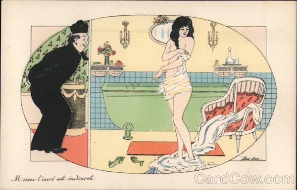 M'sieu l'cure est indiscret. Cartoon of a man peeping through a hole into the bath of a young woman.