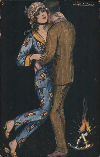 Couple embracing in the dark. Candles falling to floor