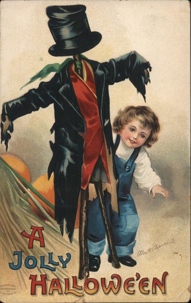 A Jolly Halloween. Boy and his scarecrow Ellen Clapsaddle