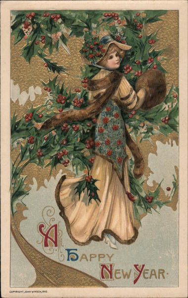 A Happy New Year. Girl with hand muff and holly. John Winsch Schmucker, 1910