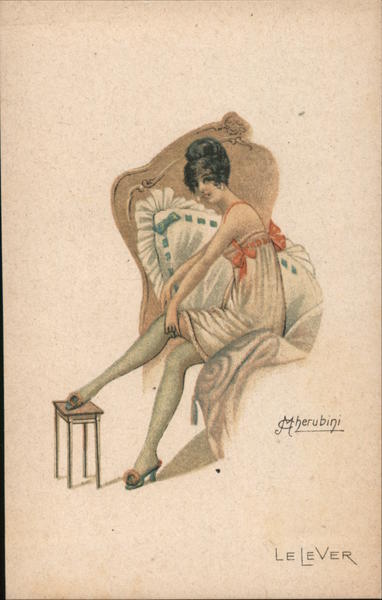 Woman sitting on the side of the bed in nightie adjusting her stockings