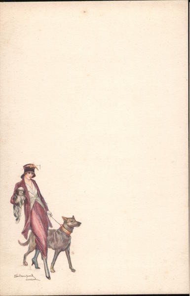 Woman walking dog and holding small dog signed S. Bompard