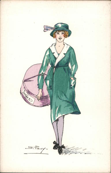 Jeanne on hat box carried by young girl in green dress and hat.