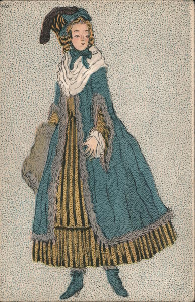 Lady in striped dress, Hat with blue fur-trimmed coat and fur muff
