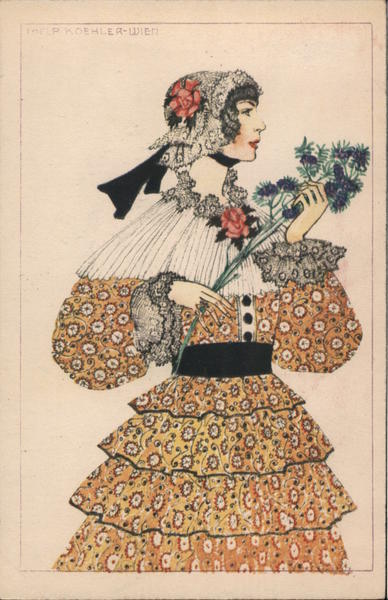 Woman in dress and bonnet, holding long-stemmed flowers