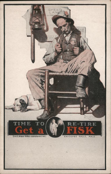 Time to re-tire and get a Fisk. Policeman sleeping in rocker with dog at feet.