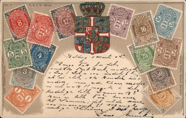 Danmark assorted stamps with royal shield Stamp Postcards