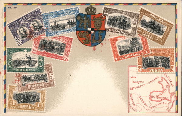 Romania stamps, shield and map Stamp Postcards