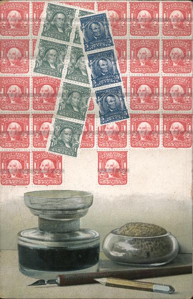 US Stamps: Ink bottle, pen, pencil, stamp sponge in jar