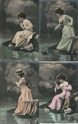 Lot of 4: Woman Fishing Postcard Postcard Postcard