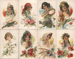 Russian(?) Set of 8 Ladies with Flowers Postcard