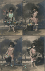 Set of 4: Girl with Easter Eggs Colored Real Photo Postcard