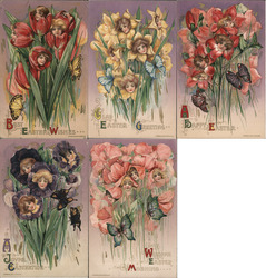Lot of 5: Schmucker Fantasy Heads in Flowers Series Postcard