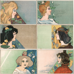 Set of 6: Art Nouveau Women, "Serie Ideal" Postcard