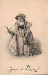 Joyeuses Paque! Girl dressed for Easter with flowers and lamb signed H. Schubert Postcard