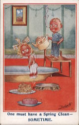 One must have a spring clean-sometime. "Ludgate" Boy smoking cigarette rinsing girl off in tub Postcard