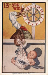 13-You Win? Stork with numbered spinner wheel and prize is baby No. 998 Frederick L. Cavally The Whole Family Postcard Postcard Postcard