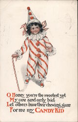 For me my Candy Kid poem. Child in candy cane clown suit with walking cane. Postcard