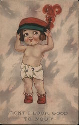 Child in Diaper with pin wearing hat with red feather - Don't I look good to you? - 6503 Postcard