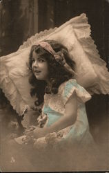 "Little Sweethearts" Girl in blue dress lying on lace pillow Postcard