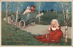 Bye-bye! We'll pick you up on our way back. Baby left behind by motoring couple. Postcard