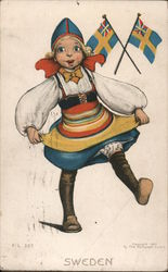 Sweden. Girl in native dress with crossed flags in background. F. L. 227 Postcard