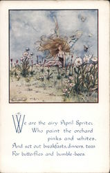 We are the airy April Sprites - poem. Fairy sitting in flower field. Fantasy Postcard Postcard Postcard