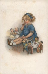 Little girl in blue having tea party with dolls signed S.B.P. Postcard