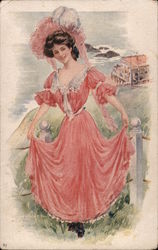 Gibson Girl in pink dress near beach no. 87 Postcard