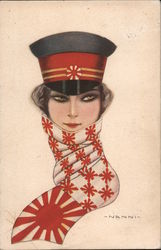Woman in Japanese hat and scarf with red sun symbol signed Nanni Postcard