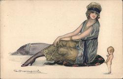 Drawing of Woman showing ankle to small baby doll or cupid Postcard