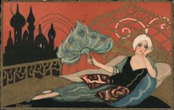 Woman Reclining With Fan Art Nouveau Chiastri Postcard