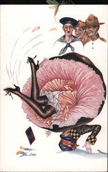 Three armed service members look as a woman takes tumble showing her underthings. Signed Xamu Sager Postcard