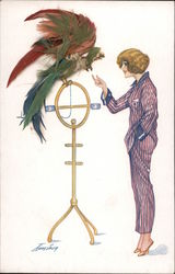 Real Feathers: Woman with a parrot Postcard