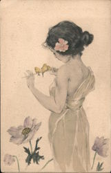 Young girl in garden with three birds on stick in hands Postcard