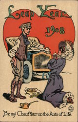 Leap Year 1908. Be My Chauffeur on the Auto of Life. Woman proposing to a man in front of an automob Postcard