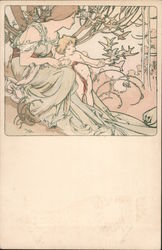 "Childhood" Woman and young child feeding birds Art Nouveau Alphonse Mucha Postcard Postcard Postcard