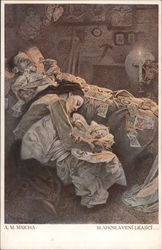 Blahoslavenstvi Lkajici-man in bed religious cards scattered, woman and child bedside Artist Signed Alphonse Mucha Postcard Post Postcard