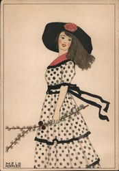 Wiener Werkstatte No. 580 Girl with black hat and polka dot dress. Postcard